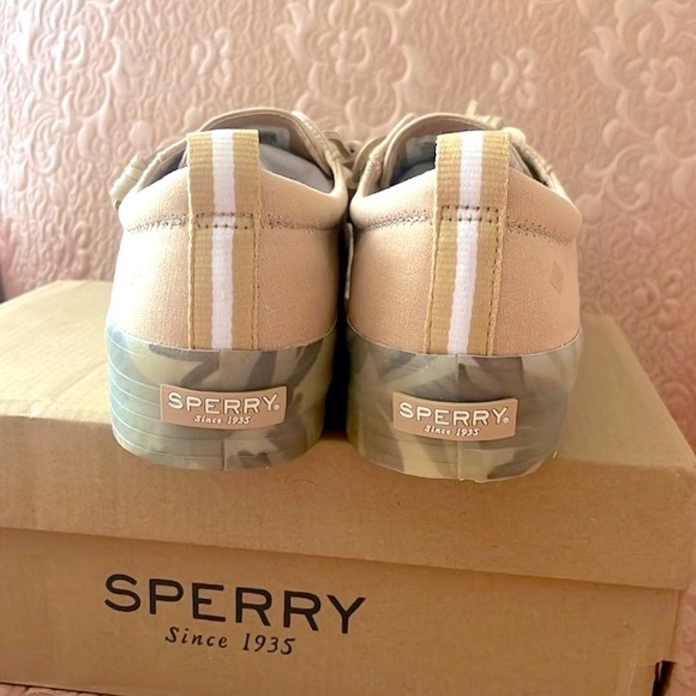 Brand New Sperry Crest Vibe Platform Sneakers Beige Green Leaf Tropical Neutral - Picture 3 of 16